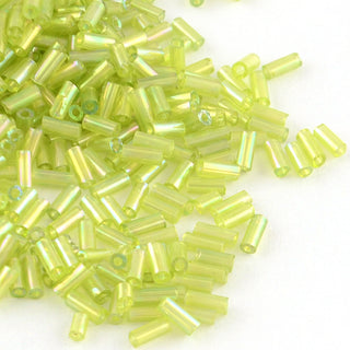AB Color Plated Glass Bugle Beads, Transparent Colours Rainbow, Green/ Yellow, 4~4.5x2mm, Hole: 1mm, (approx 15gr)