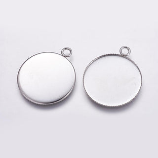304 Stainless Steel Pendant Cabochon Settings, Milled Edge Bezel Cups, Flat Round, Tray: 30mm; 36x31x2mm, Hole: 3mm