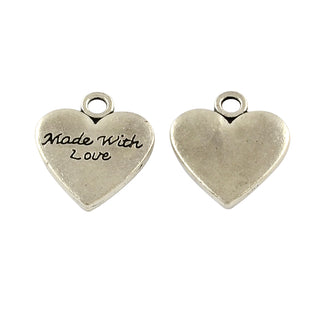 "Made with Love"- Alloy Heart Charm. Antique Silver, 19.5x17.5x3mm, Hole: 3mm; (See Drop Down for Options).