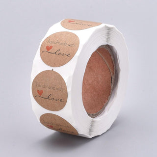 "Hand Made with Love"- Self Adhesive Kraft Paper Label Tag Stickers, (asst. styles).  *Round.  about 500pcs/roll