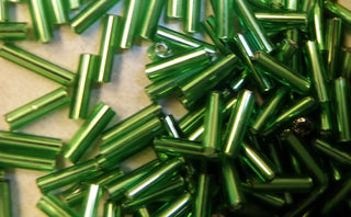 Bugle Beads (Glass) 1.6mm x 6mm  (approx 15gr)  *Silver Lined Green - Mhai O' Mhai Beads
