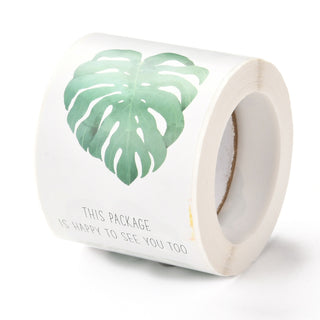 "This Package is Happy to See You Too" Stickers with Green Leaf Pattern, 80x50mm, 150pcs/roll