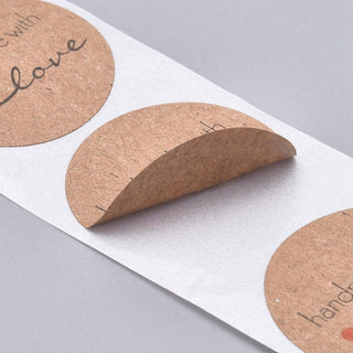 "Hand Made with Love"- Self Adhesive Kraft Paper Label Tag Stickers, (asst. styles).  *Round.  about 500pcs/roll