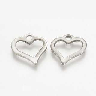 304 Stainless Steel Open Heart Charms, Hollow, Stainless Steel Color, 11x11x1mm, Hole: 1mm  (Packed 20 Charms)