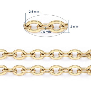 304 Stainless Steel Cable Chain.  Gold Tone. 2.5 x 2 x .5mm.  Sold by the Foot