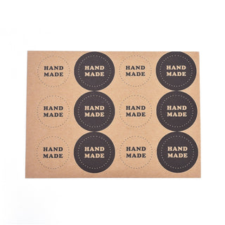 "Hand Made"- Self Adhesive Kraft Paper Label Tag Stickers, (Black/ Kraft).  *Round.  10 Sheets x 12 Stickers.