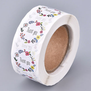 "Thank You"- Self Adhesive Paper Label Tag Stickers,  (Floral Pattern Edging).  *Round.  (about 500pcs/roll).  (Single Pattern)