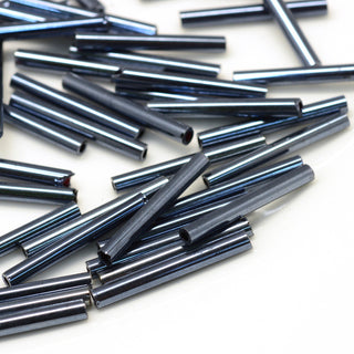 Glass Bugle Beads, Hematite Plated, 20x2.5mm, Hole: 0.5mm.  (Approx 15 grams)