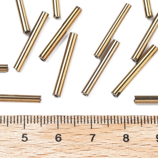Glass Bugle Beads, Golden Plated, 20x2.5mm, Hole: 0.5mm.  (Approx 15 grams)