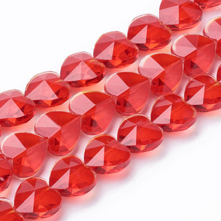 Transparent Glass Beads, Faceted, Heart, Red, 14x14x8.5mm, Hole: 1mm, 10 beads.
