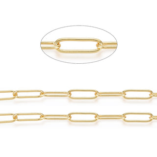 Soldered Brass Paperclip Chains, Drawn Elongated Cable Chains,  Plated, Real 18K Gold Plated, 14x4.5x1mm.  Sold by the Foot.