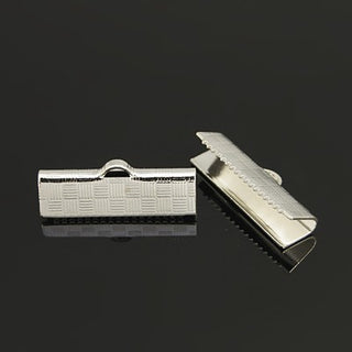 Brass Ribbon Crimp Ends, Rectangle, Silver Color Plated, 7x20mm, Hole: 1x3mm.  (Packed 10)