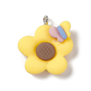 Opaque Resin Pendants, with Platinum Tone Iron Loops, Yellow, Sunflower Pattern, 24x22x7.5mm, Hole: 2mm. Sold Individually.