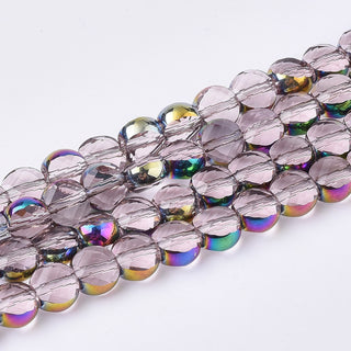 Electroplate Glass Beads Strands, Multi-color Plated, Faceted, Flat Round, Thistle, 5.5~6x3.5~4mm, Hole: 1mm, approx 100 Beads.