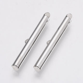 Brass Slide On End Clasp Tubes, Slider End Caps, Platinum, 6x35x4mm, Hole: 1x3mm, Inner Diameter: 3mm. (Packed 20 Clasps)