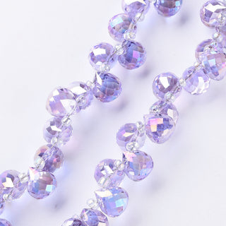 Transparent Glass Beads Strands, Top Drilled Beads, AB Color Plated, Faceted Teardrop, Purple, Teardrop: 9.5x8mm, Hole: 0.8mm, Beads: 3~4x2.5~3.5mm, about 95pcs/strand, 21.65 inch(55cm)