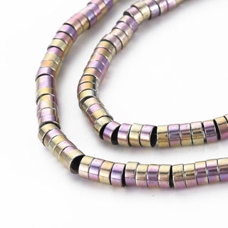Electroplate Non-magnetic Hematite Beads Strands, Heishi Beads, Flat Round/Disc, Rainbow Plated, 4x2mm, Hole: 1mm, about 190pcs/strand, 16.1 inch