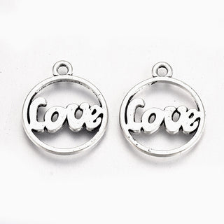 "Love" Charm.  Flat Round.  Open Wording.  Antique Silver, 19.5x16x1mm, Hole: 1.6mm.