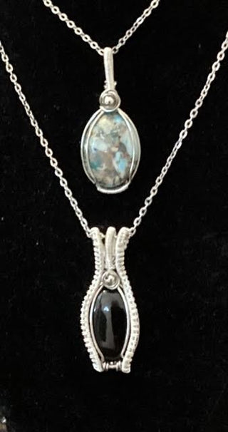 Learn to Wire Wrap a Stone Pendant (Without a Drill Hole!) with Sue!  Saturday April 18th 11am to 2:00pm.