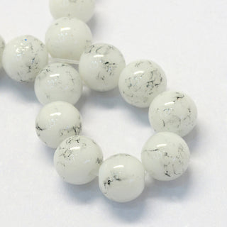 Baking Painted Glass Round Bead Strands, White with Faint Grey Splatter Lines- Round  (8mm)  *Approx 50 Beads