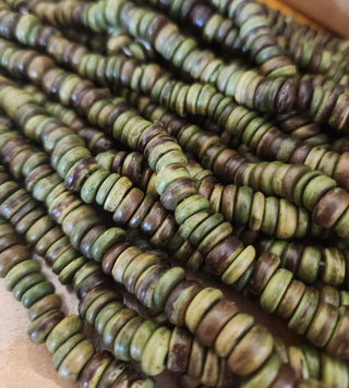 Indonesian / Bali Wood Beads (Coconut Discs) Approx. 9mm Diam.   Shades of Green.  *approx 125 Beads