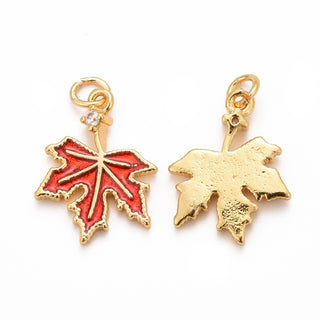 Autumn Theme Brass Cubic Zirconia Charm, with Enamel, Cadmium Free & Lead Free, Golden, Maple Leaf, Crimson, 15x11x1.5mm, Hole: 2mm.