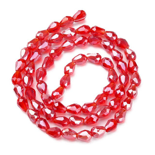 Glass Beads Strands, Faceted, Teardrop, Electroplated Pearl Luster Red, 6x4mm, Hole: 1mm. Approx 70 Beads. Approx