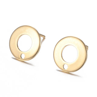 304 Stainless Steel Stud Earring Findings, Donut, Golden, 10.3mm, Hole: 1.3mm, Pin: 0.7mm. (Packed 5 pair)