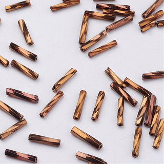 Glass Twisted Bugle Beads, Metallic Colour, *Camel, (6x2mm), Hole: 0.5mm.  Approx 15 Grams.