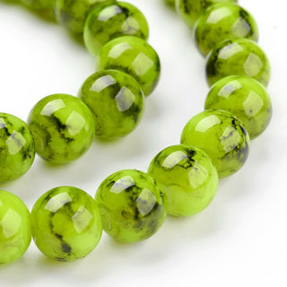Drawbench Glass Round (Green/Yellow with Black Veins)  15" strand (8 mm Beads-Approx 50 Beads))