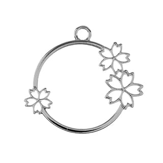 Beadwork Findings Silver Pendant Circle with Flowers 33x36mm .  4pcs