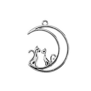 Beadwork Findings Silver Pendant Moon with Cats 21x26mm.   4pcs