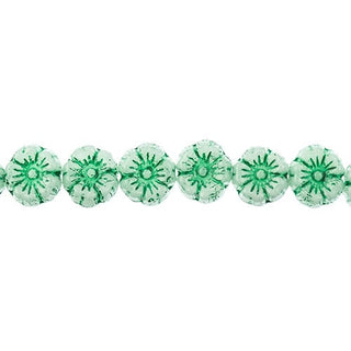 Czech Flower- Glass Bead Cinquefoil Flower Bead - 9mm Green on Alabaster White (Strand Apx 22pcs)