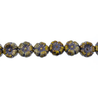 Czech Flower- Glass Bead Cinquefoil Flower Bead - 9mm -Purple On Green (Strand Apx 22pcs)