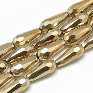 Electroplate Glass Beads Strands, Faceted Teardrop, Gold, 9~9.5x4mm, Hole: 1mm, about 72pcs/strand