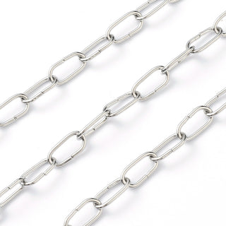 304 Stainless Steel Paperclip Chain, Stainless Steel Color, 12x6x1mm.  Sold by the Foot
