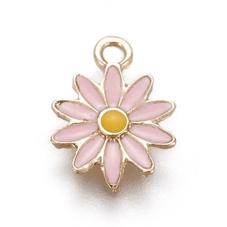 Alloy Enamel Charms, Chrysanthemum, Light Gold, Pearl Pink, 13x9x1mm, Hole: 1.4mm. Sold Individually. (See Drop Down for Color Options)