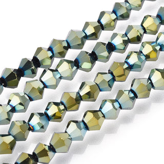 Electroplate Glass Bead Strands, Rainbow Plated, Faceted Bicone, Green Plated, 4x4.5mm, Hole: 1mm, about 92~96pc