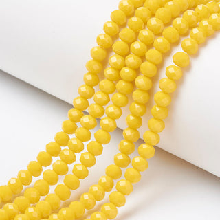 Opaque Solid Color Glass Beads Strands, Faceted, Rondelle, Yellow, 6x5mm, Hole: 1mm; (approx 90 Beads)