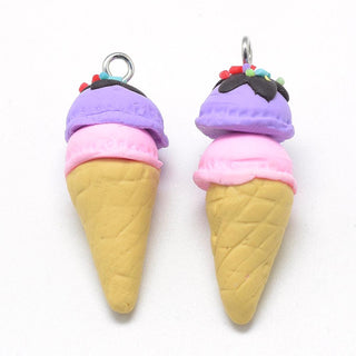Ice Cream Cone Charm (Pink and Purple). 37~40x14~16mm, Hole: 2mm.  *Polymer Clay
