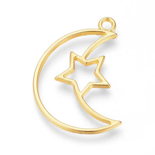 Moon and Star.  Alloy Open Back Bezel Pendant, Golden, 33x23x1.5mm, Hole: 2.5mm(Packed 2)