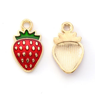 Charm.  Strawberry. Light Gold Plated Alloy Enamel, 16.8x10x1.5mm, Hole: 1.8mm Sold Individually.