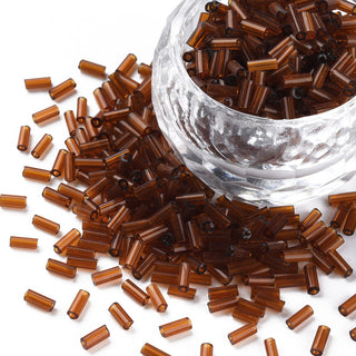 Transparent Glass Bugle Beads, Round Hole, Coconut Brown, 3~8x2mm, Hole: 0.7mm. Approx 15 Grams.