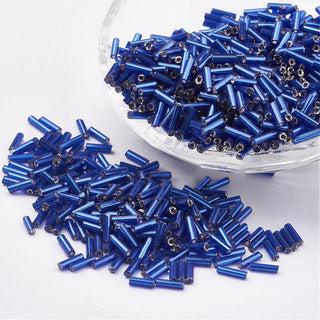 Glass Bugle Beads, Silver Lined, Royal Blue, 9x2mm, Hole: 0.5mm. Approx 15 Grams.