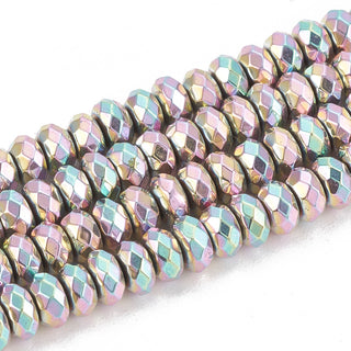 Electroplate Non-magnetic Hematite Beads Strands, Faceted, Rondelle, Rainbow Plated, 4x2mm, Hole: 1mm, *Approx 170 Beads.
