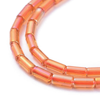 Electroplate Frosted Glass Beads Strands, Full Rainbow Plated, Column, (Orange/ Red), 4.5~5x2.5mm, Hole: 0.8mm, (Approx 75 Beads)