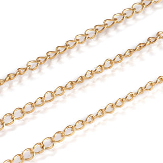 Ion Plating(IP) 304 Stainless Steel Twisted Chains, Curb Chains, Soldered,Real 18K Gold Plated, 4x3x0.6mm *Sold by the Foot