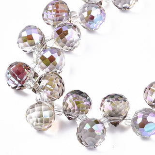 Transparent Glass Beads Strands, Top Drilled Beads, AB Color Plated, Faceted Teardrop, Violet, Teardrop: 9.5x8mm, Hole: 0.8mm, Beads: 3~4x2.5~3.5mm, about 95pcs/strand, 21.65 inch(55cm)