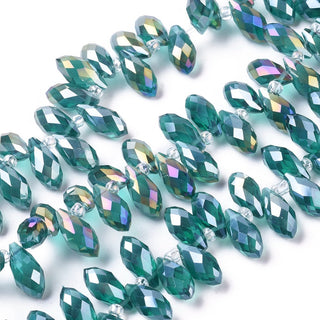 Crystal Glass Beads Strands, Faceted, Drop, Teal AB, 12x6mm, Hole: 1mm; about 100pcs/strand, 16.5"