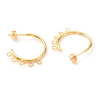 Brass Stud Earring Findings, with Loop, 18K Gold Plated, 24x20x1.5mm, Hole: 1.6mm, Pin: 0.7mm. (Packed 2 pair)